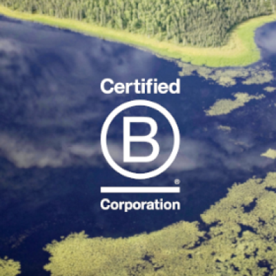 B Corp logo on river background image